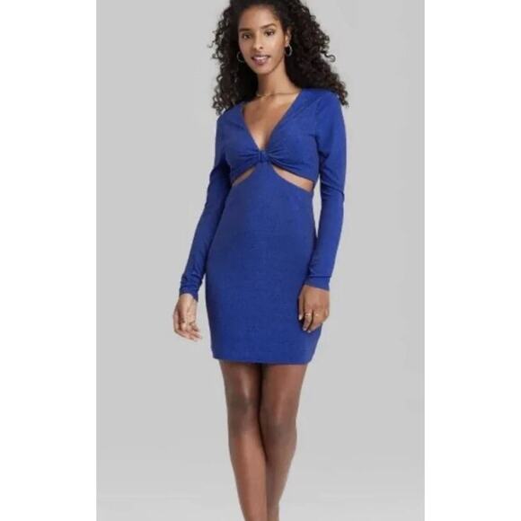 Wild Fable Lurex Long Sleeve Cut Out Blue Dress Sparkles size Medium - Picture 2 of 8